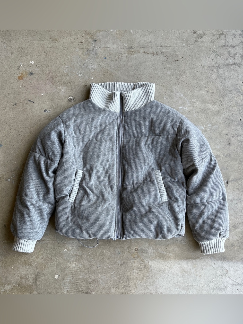 Sweet Chilling Light Gray Corduroy Puffer Jacket with Ribbed Trim